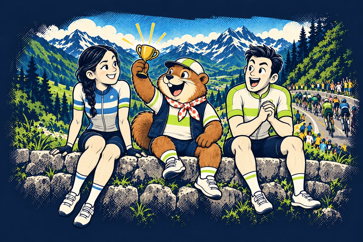 La marmotte fête un podium avec Lucie et Karim au bord d’une course cycliste.